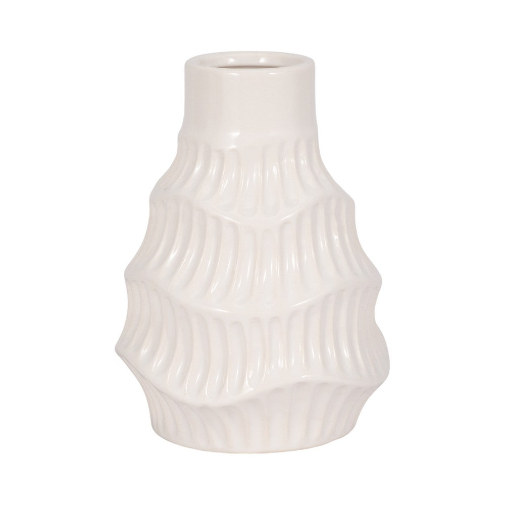 Decorative Vase | Wavy Shape & Rippled Texture | White Ceramic | 8"