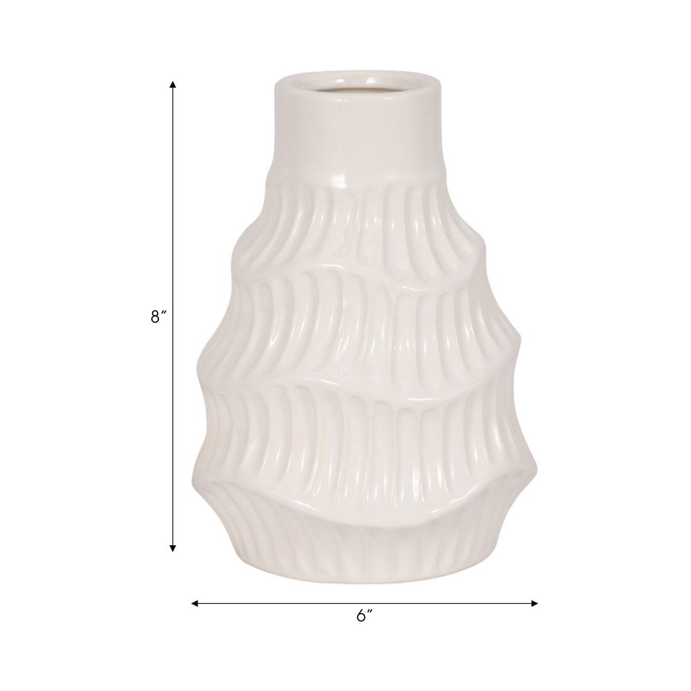Decorative Vase | Wavy Shape & Rippled Texture | White Ceramic | 8"