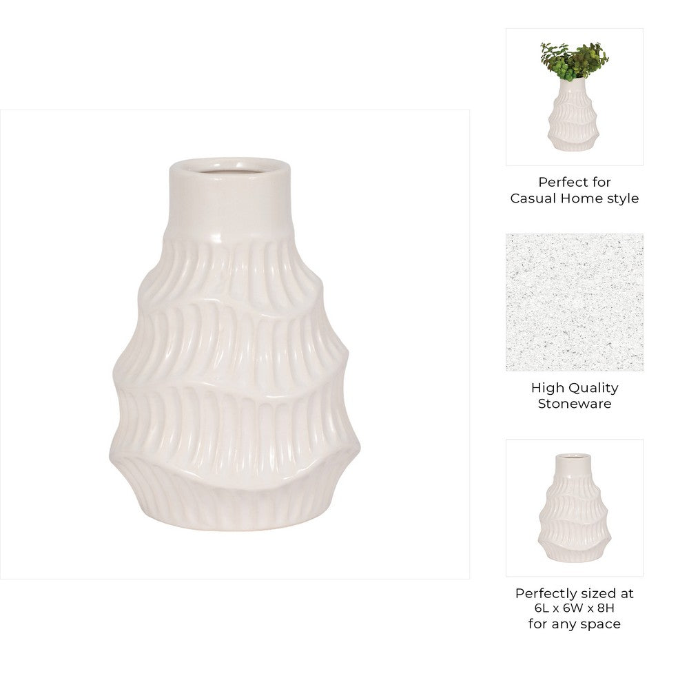 Decorative Vase | Wavy Shape & Rippled Texture | White Ceramic | 8"