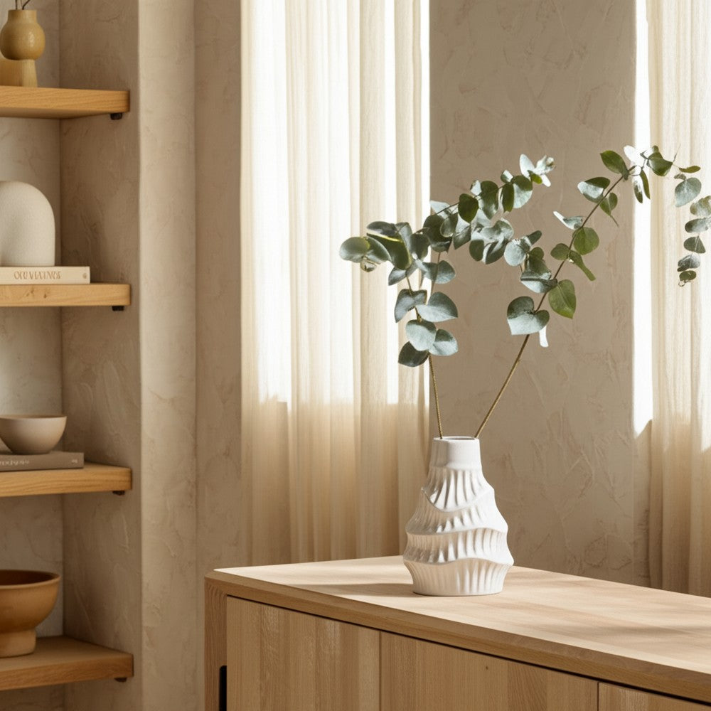 Decorative Flower Vase | 6" Ceramic Wavy Design | Glossy White