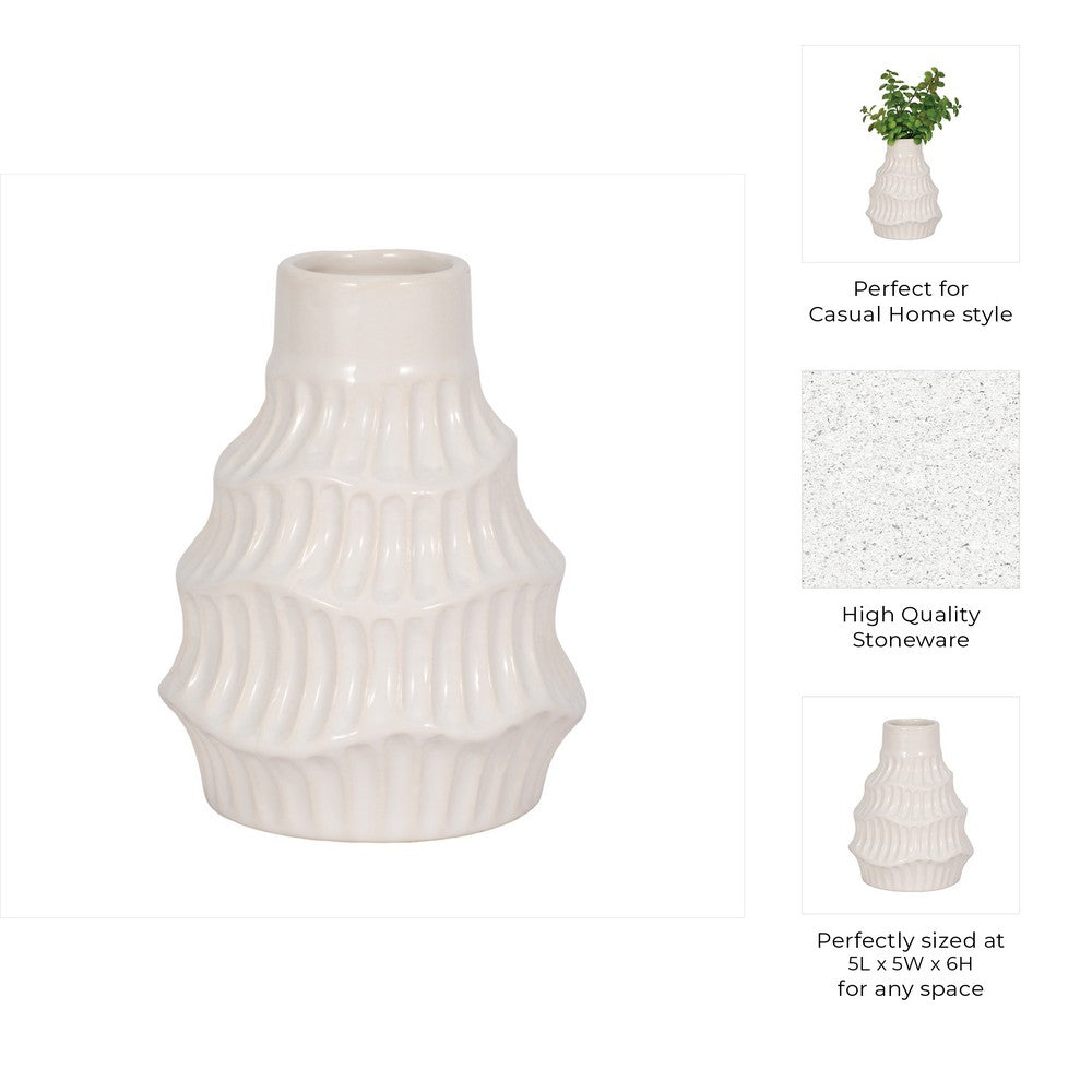 Decorative Flower Vase | 6" Ceramic Wavy Design | Glossy White