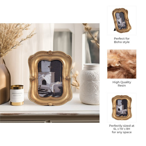 Vintage Photo Frame | Gold Polyresin & Glass | 7 x 8 Baroque Design