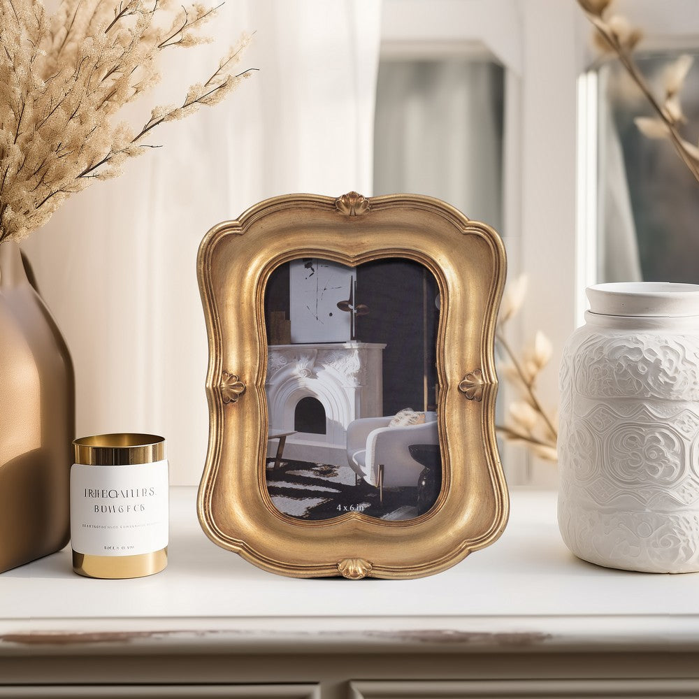 Vintage Photo Frame | Gold Polyresin & Glass | 7 x 8 Baroque Design