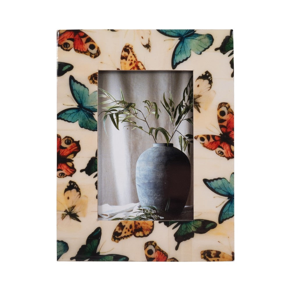 Ralf 4x6 Portrait Photo Frame | Colorful Butterfly Border | Ivory Resin