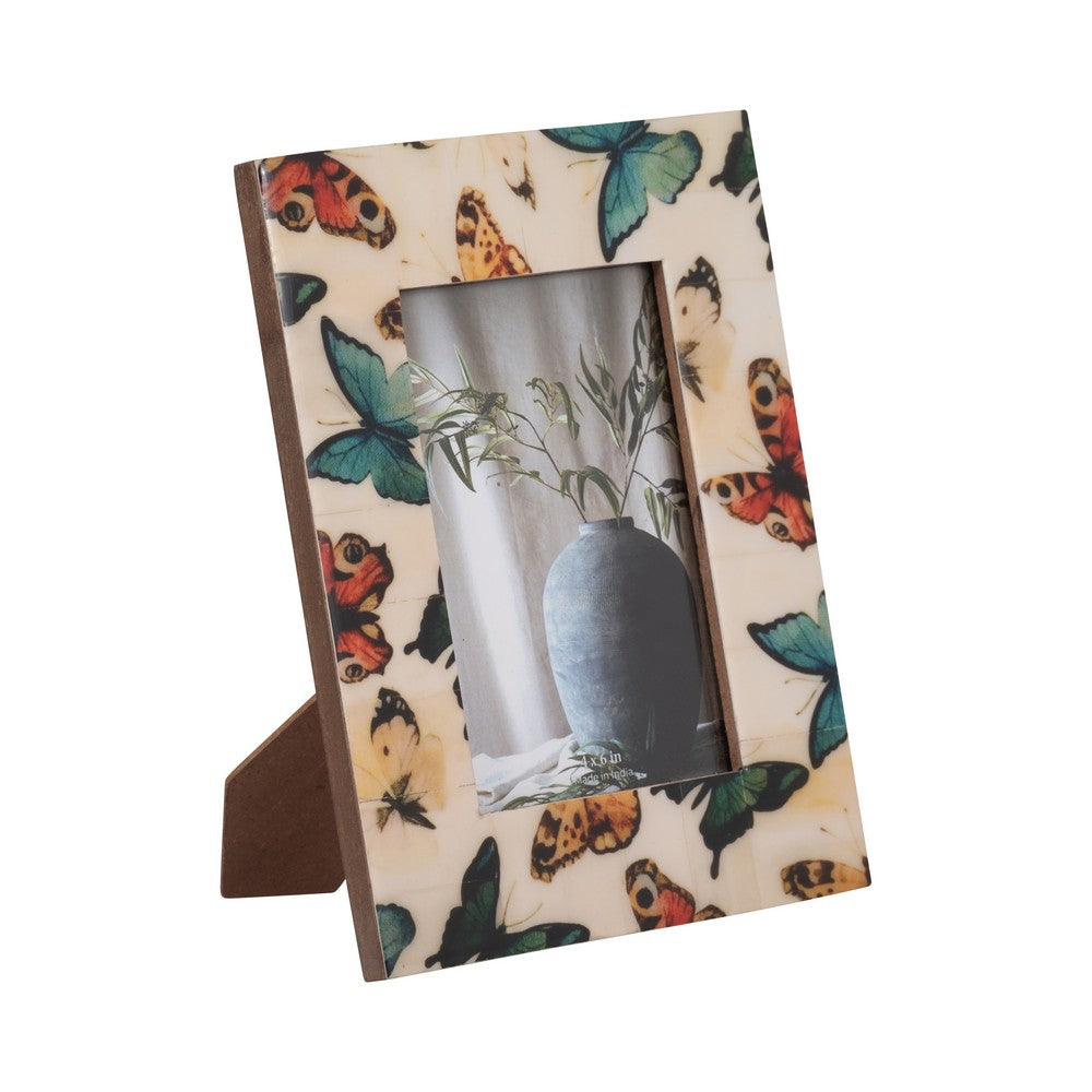 Ralf 4x6 Portrait Photo Frame | Colorful Butterfly Border | Ivory Resin