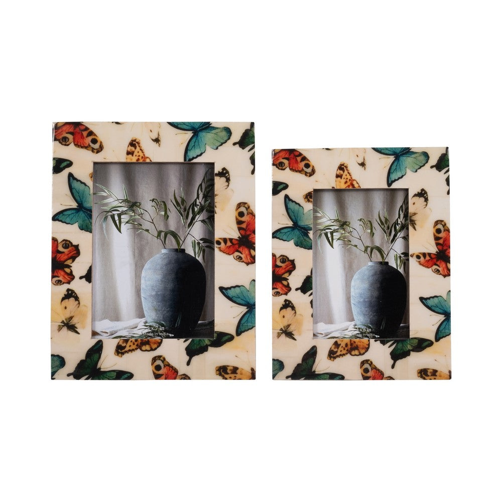 Ralf 4x6 Portrait Photo Frame | Colorful Butterfly Border | Ivory Resin