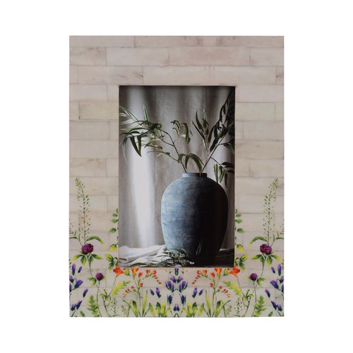 Maia 4x6 Photo Frame | Hand Painted Purple Flower Field | Ivory Resin 9"