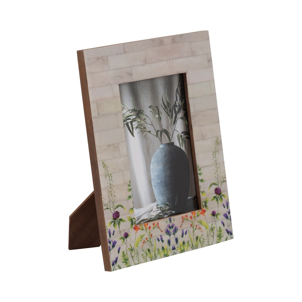 Maia 4x6 Photo Frame | Hand Painted Purple Flower Field | Ivory Resin 9"