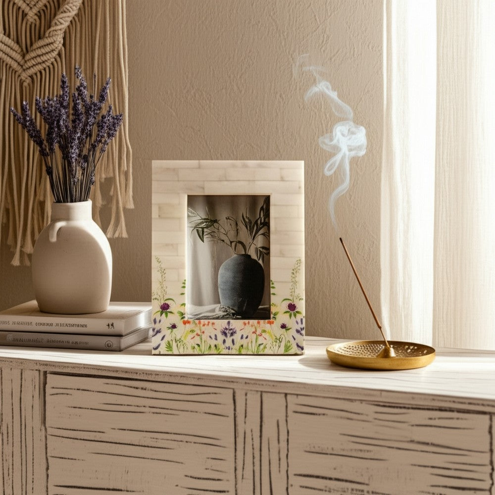 Maia 4x6 Photo Frame | Hand Painted Purple Flower Field | Ivory Resin 9"