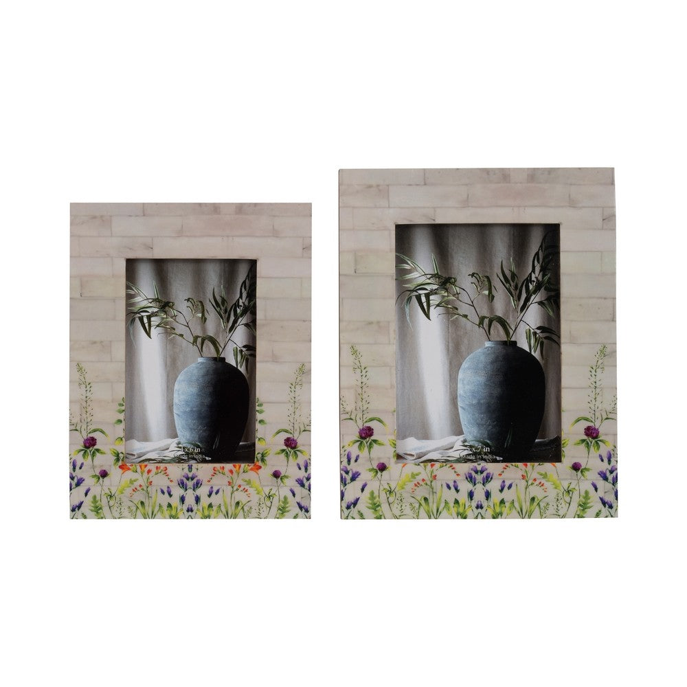 Maia 4x6 Photo Frame | Hand Painted Purple Flower Field | Ivory Resin 9"