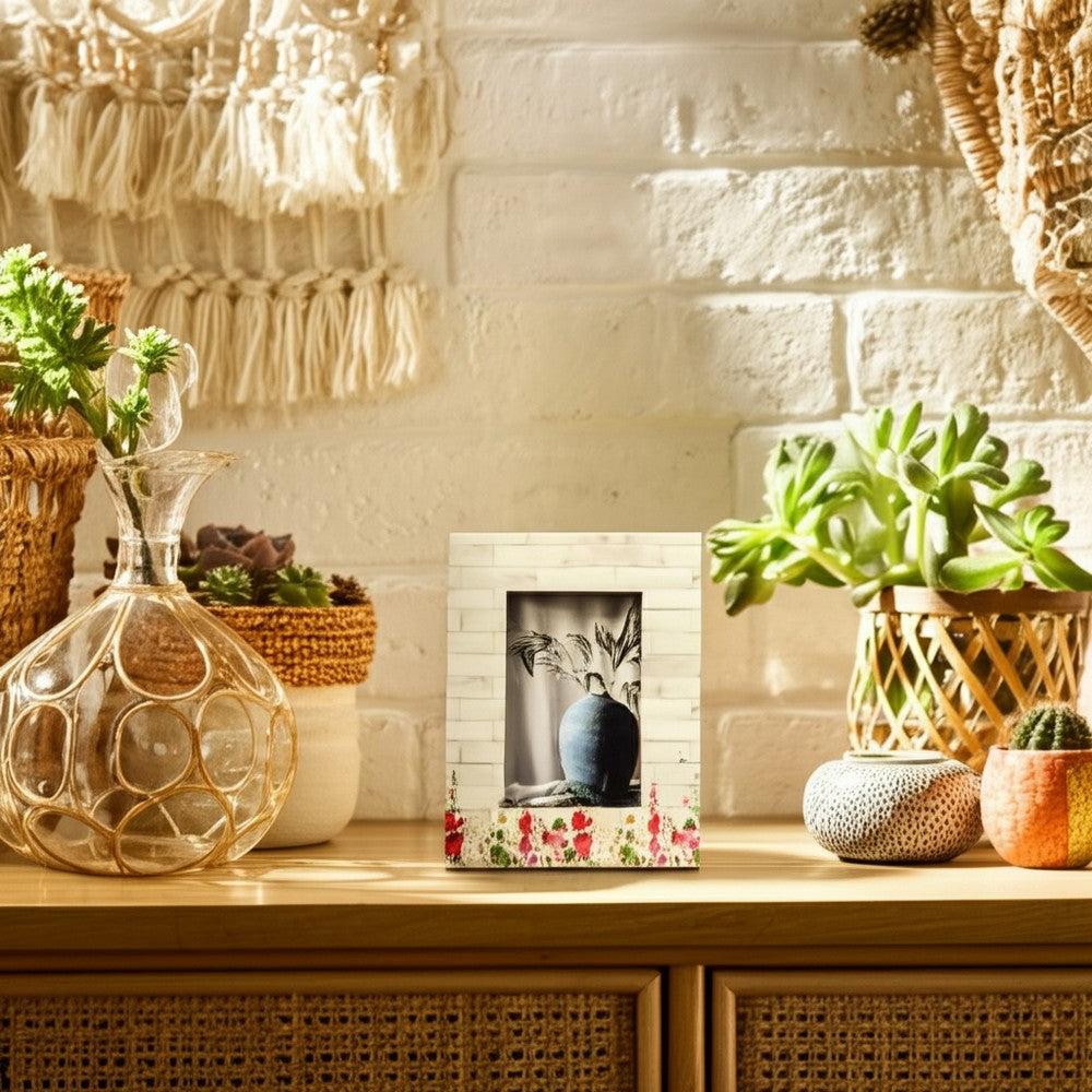 Orsa 7x9 Field Photo Frame with 4x6 Opening | Pink Flower Border | Resin