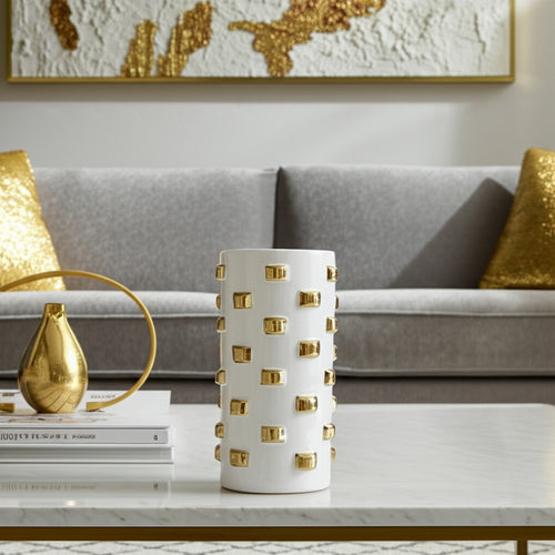 Decorative Flower Vase | 15" White Ceramic | 3D Raised Gold Accent