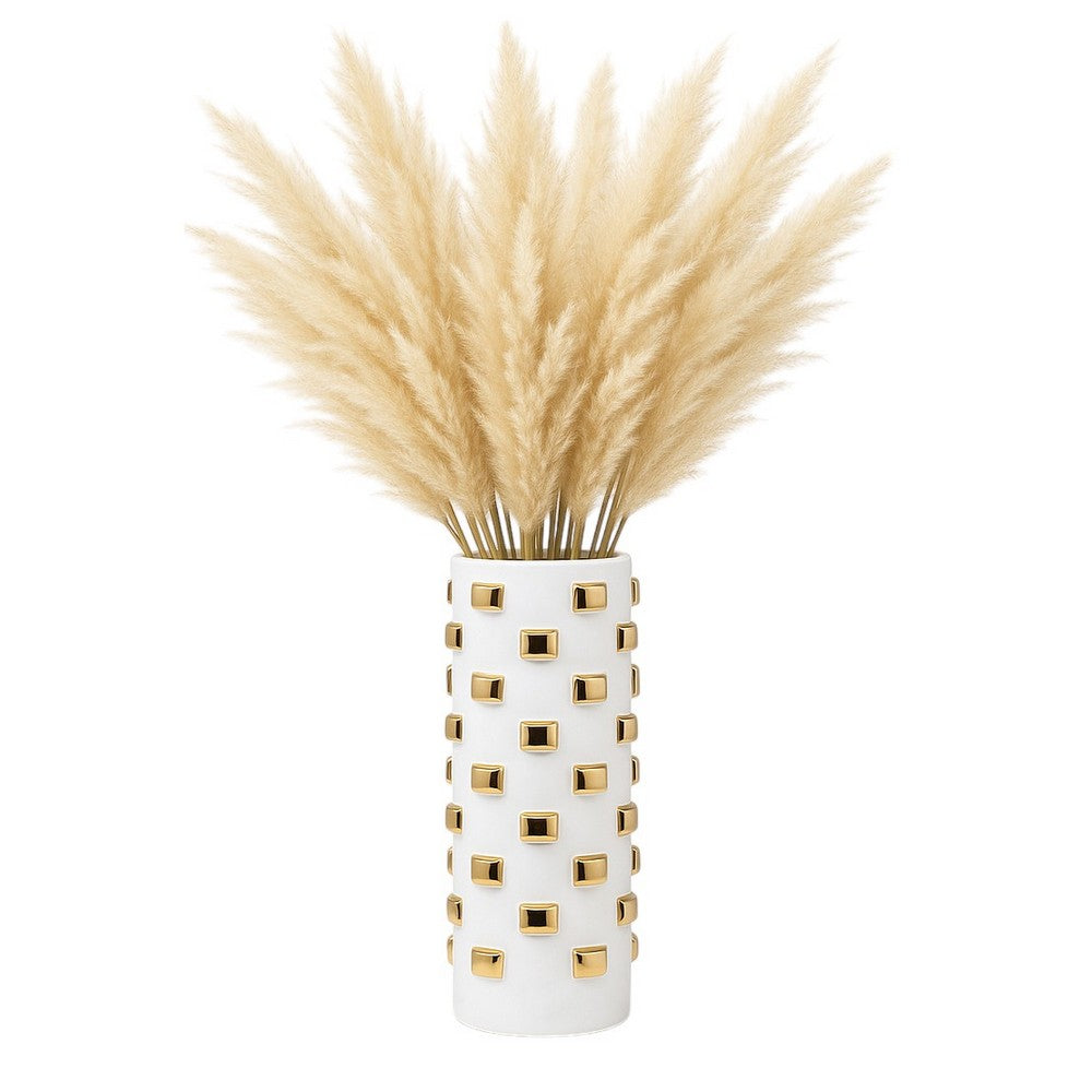 Decorative Flower Vase | 15" White Ceramic | 3D Raised Gold Accent