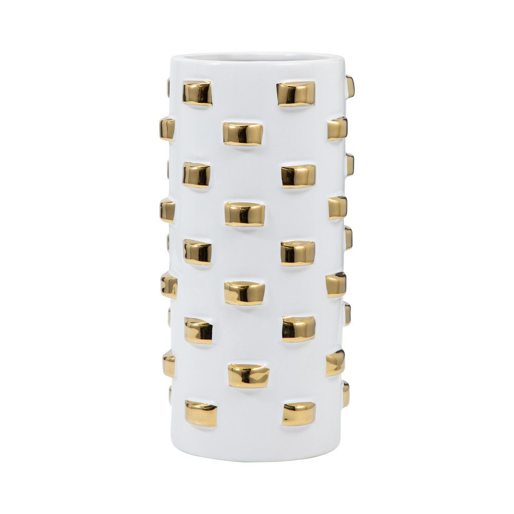 Decorative Flower Vase | 15" White Ceramic | 3D Raised Gold Accent