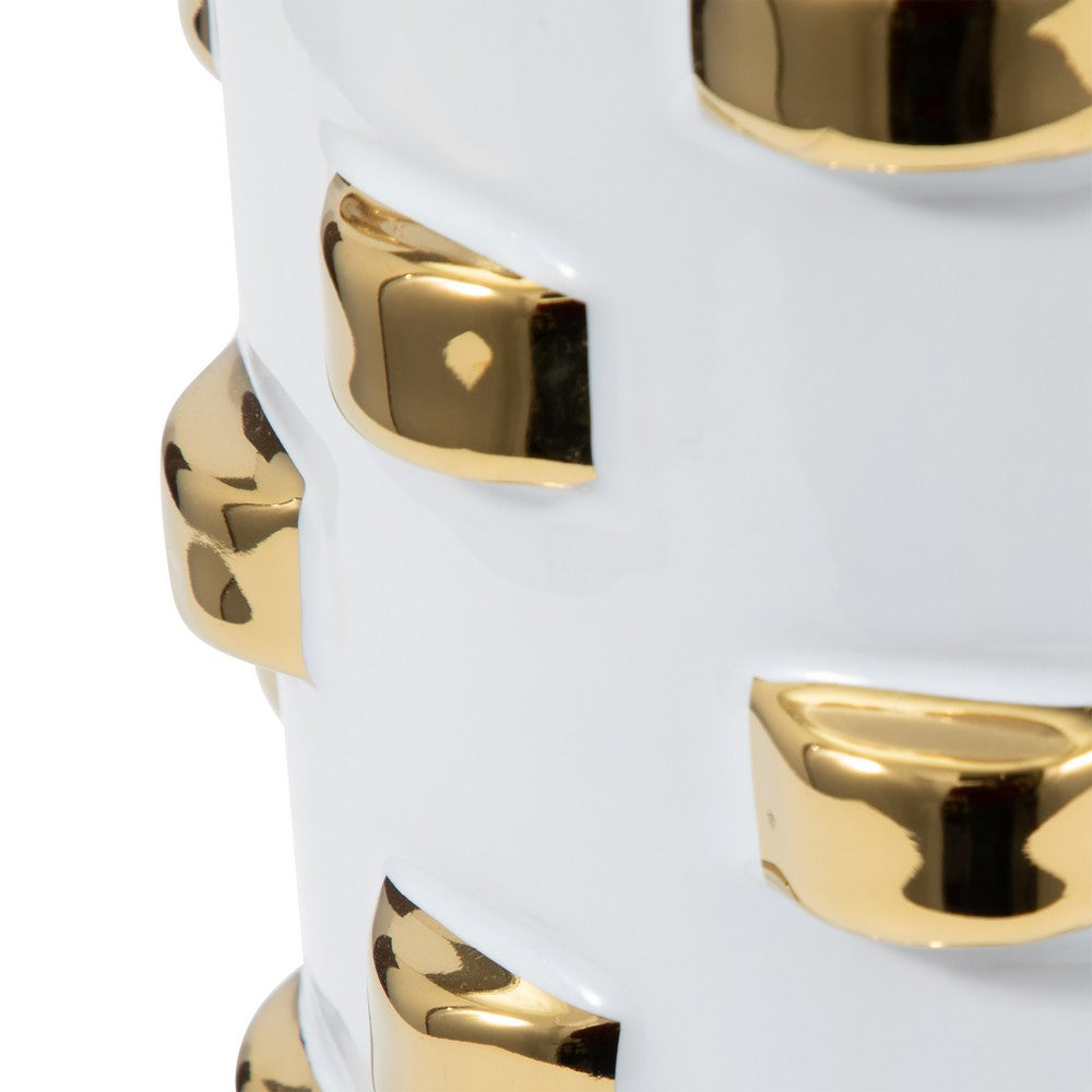 Decorative Flower Vase | 15" White Ceramic | 3D Raised Gold Accent