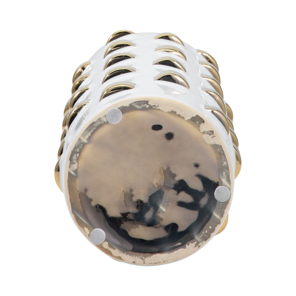 Decorative Flower Vase | 15" White Ceramic | 3D Raised Gold Accent