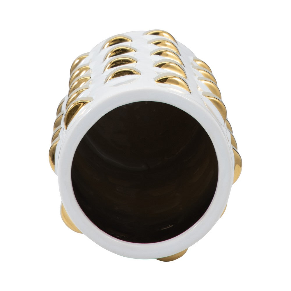 Decorative Flower Vase | 15" White Ceramic | 3D Raised Gold Accent