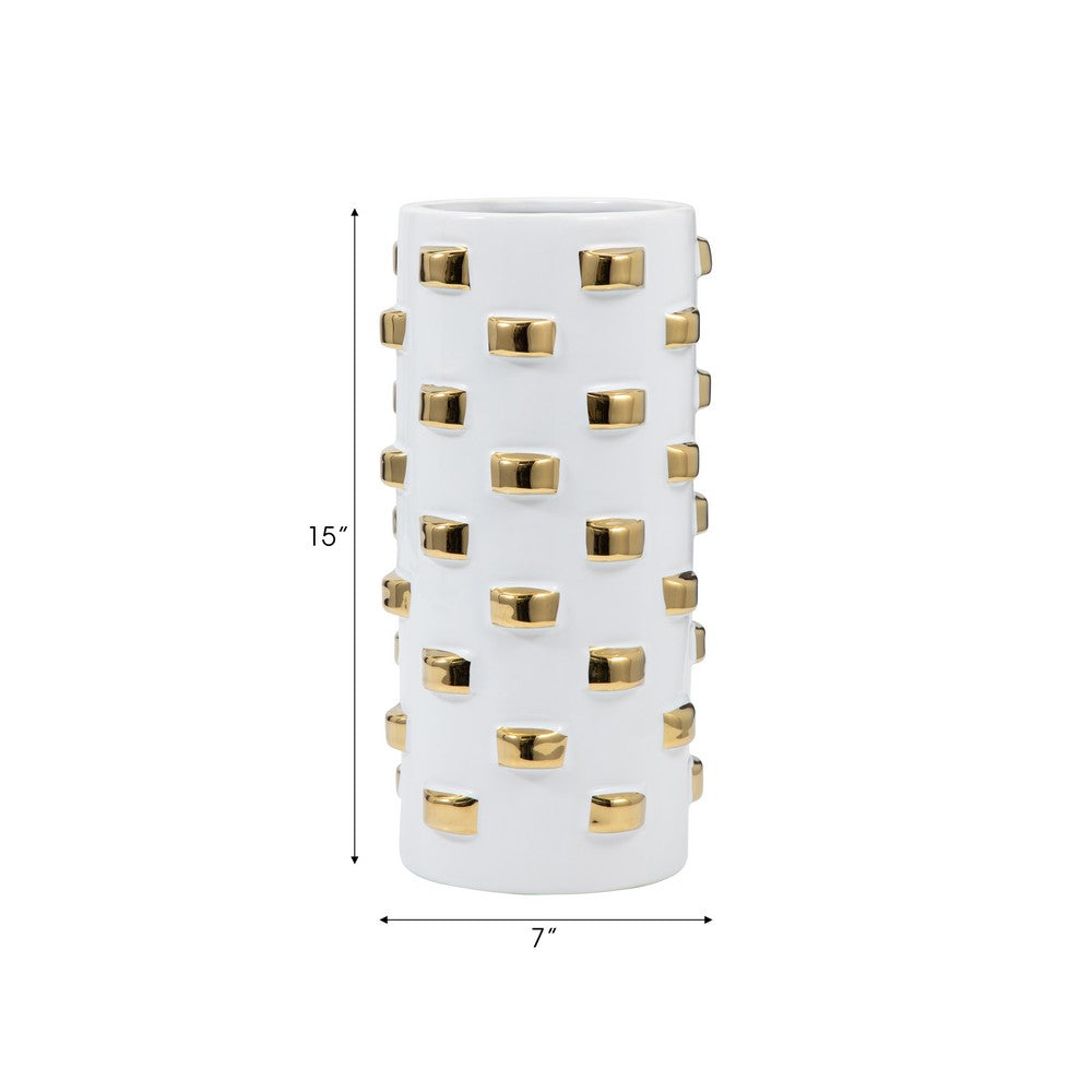 Decorative Flower Vase | 15" White Ceramic | 3D Raised Gold Accent