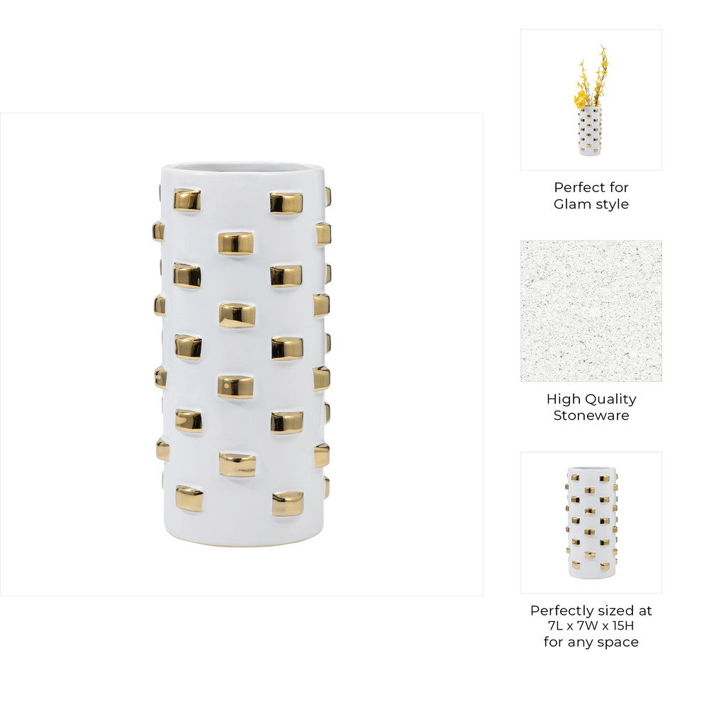 Decorative Flower Vase | 15" White Ceramic | 3D Raised Gold Accent