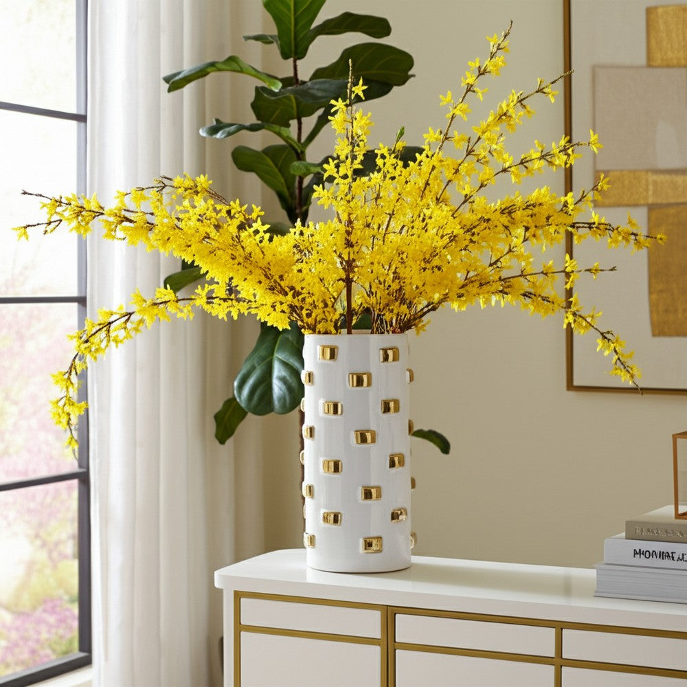 Decorative Flower Vase | 15" White Ceramic | 3D Raised Gold Accent