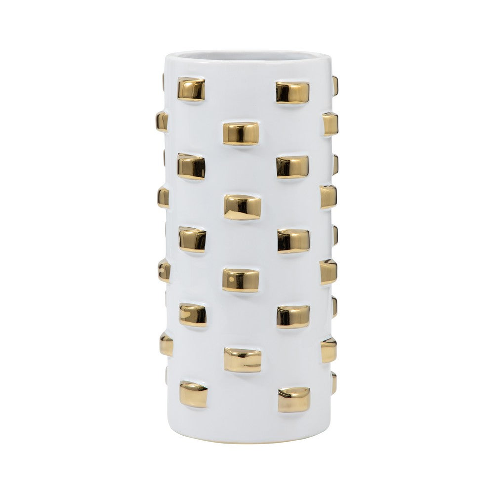 Decorative Flower Vase | 15" White Ceramic | 3D Raised Gold Accent