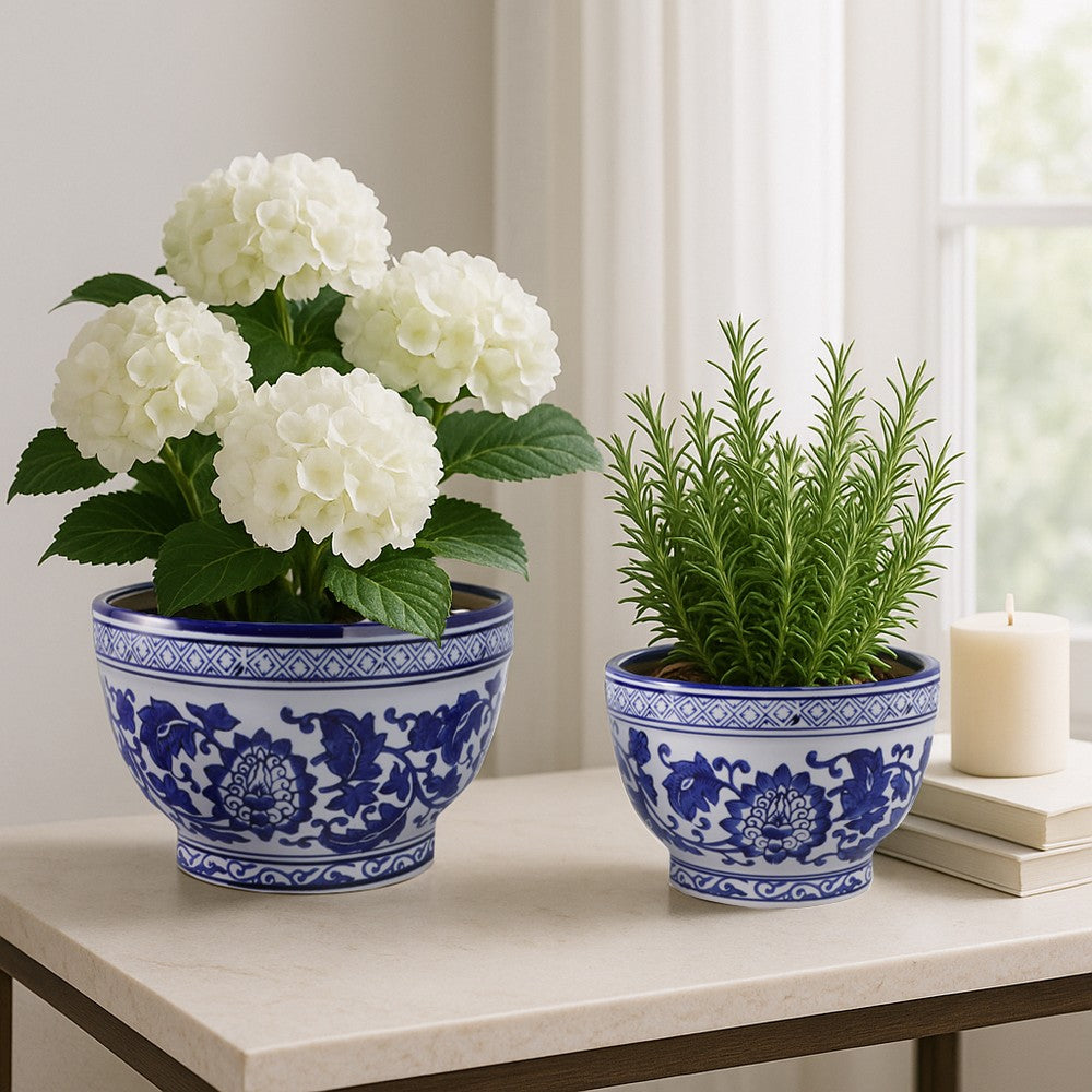 Classic Decorative Bowl Planter Set of 2 | Blue White Chinoiserie Ceramic
