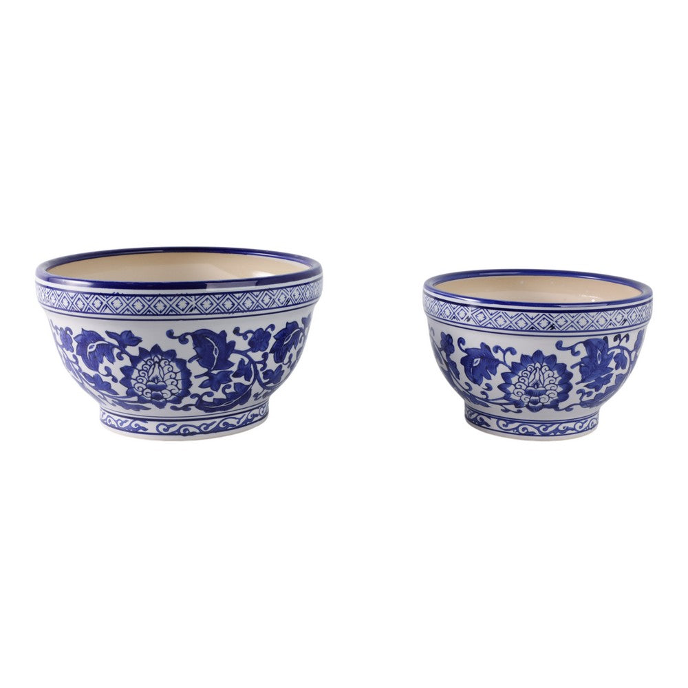Classic Decorative Bowl Planter Set of 2 | Blue White Chinoiserie Ceramic