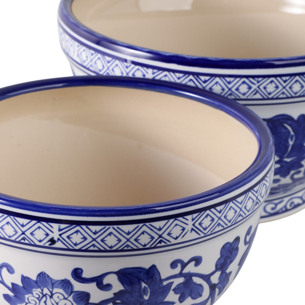 Classic Decorative Bowl Planter Set of 2 | Blue White Chinoiserie Ceramic