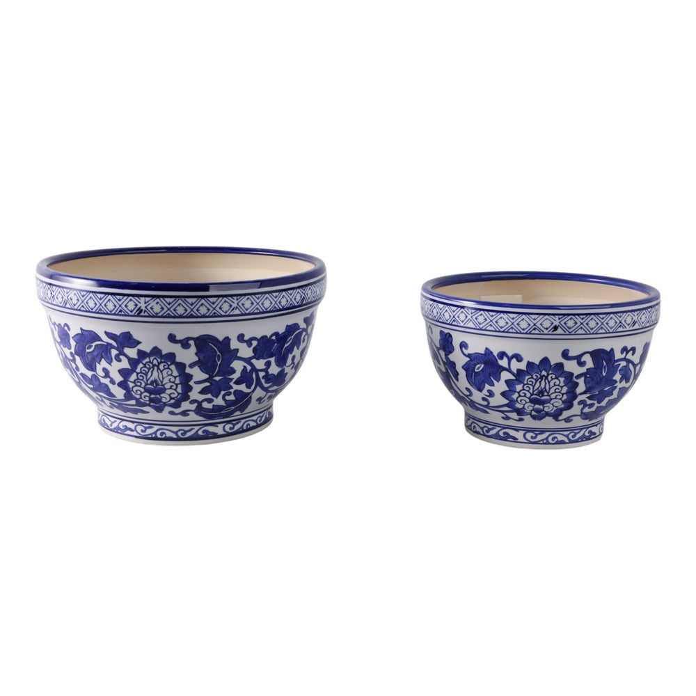 Classic Decorative Bowl Planter Set of 2 | Blue White Chinoiserie Ceramic SBH-19140-01