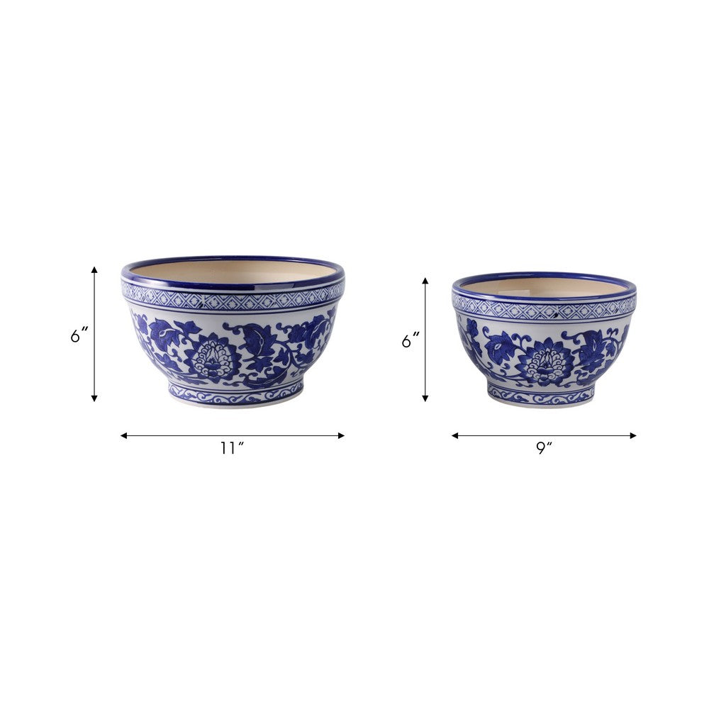 Classic Decorative Bowl Planter Set of 2 | Blue White Chinoiserie Ceramic