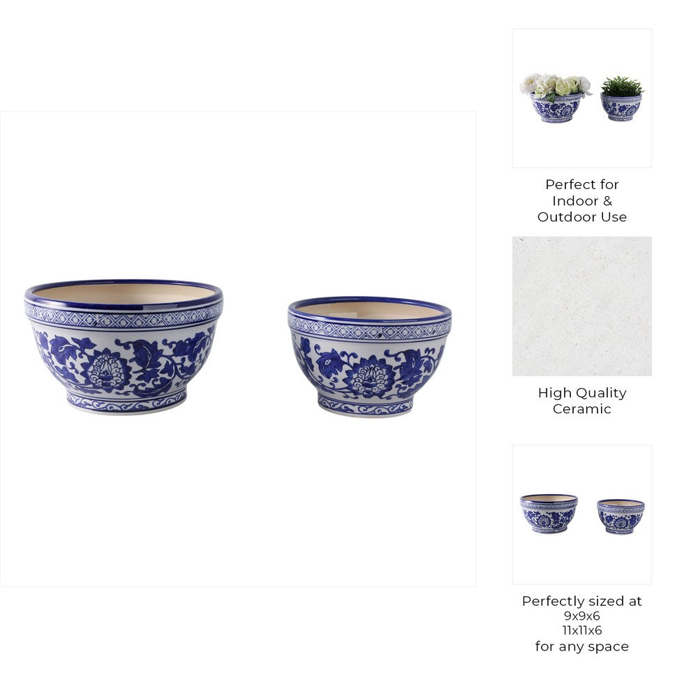 Classic Decorative Bowl Planter Set of 2 | Blue White Chinoiserie Ceramic