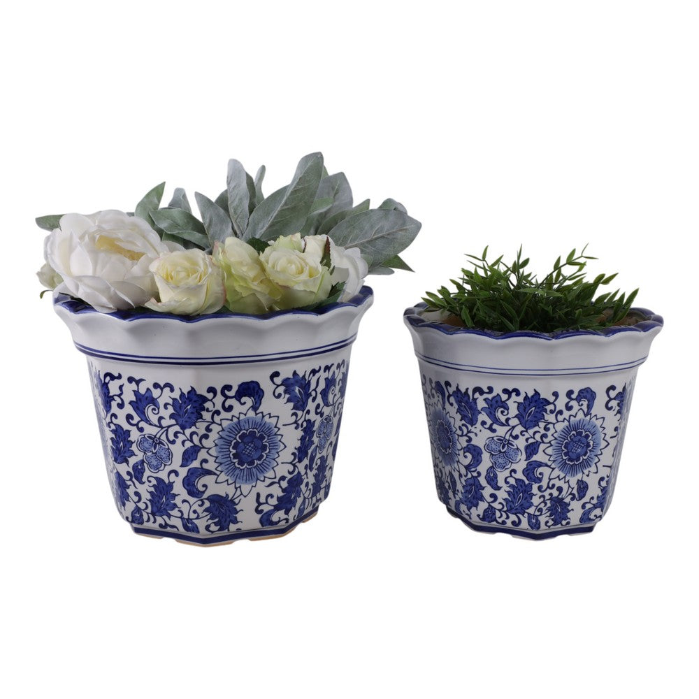 Traditional Decorative Planter Pot Set of 2 | Blue White Chinoiserie Design