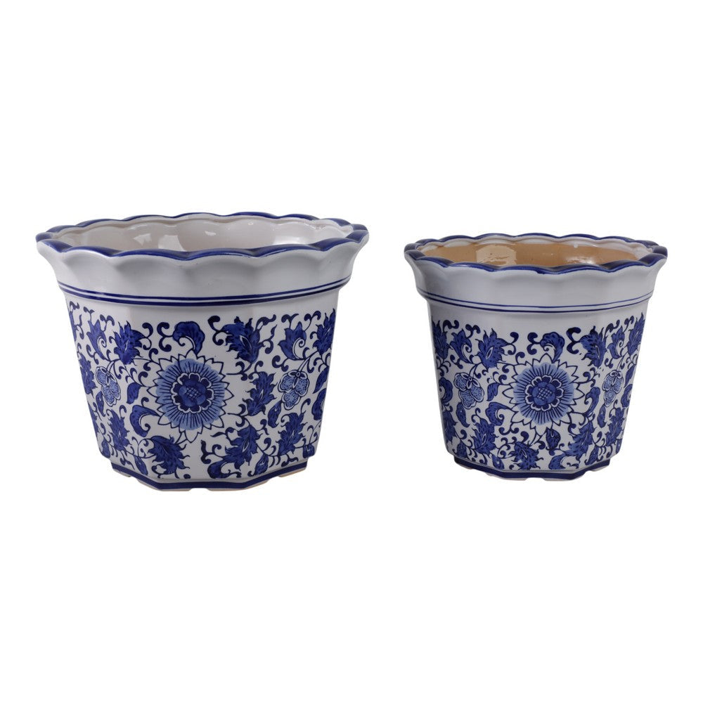 Traditional Decorative Planter Pot Set of 2 | Blue White Chinoiserie Design SBH-19141-01