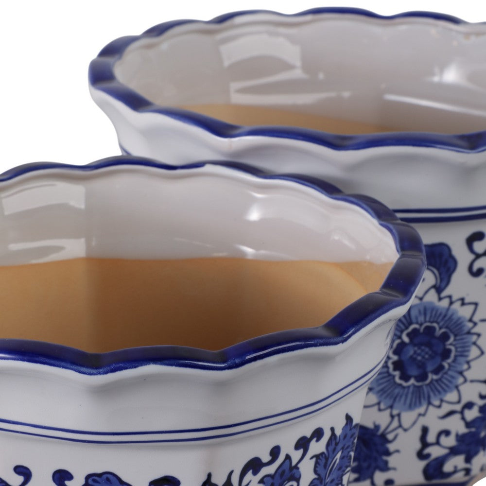 Traditional Decorative Planter Pot Set of 2 | Blue White Chinoiserie Design