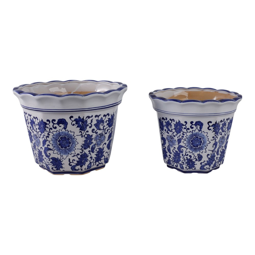 Traditional Decorative Planter Pot Set of 2 | Blue White Chinoiserie Design