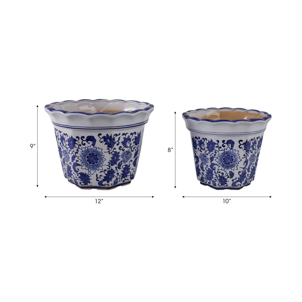 Traditional Decorative Planter Pot Set of 2 | Blue White Chinoiserie Design