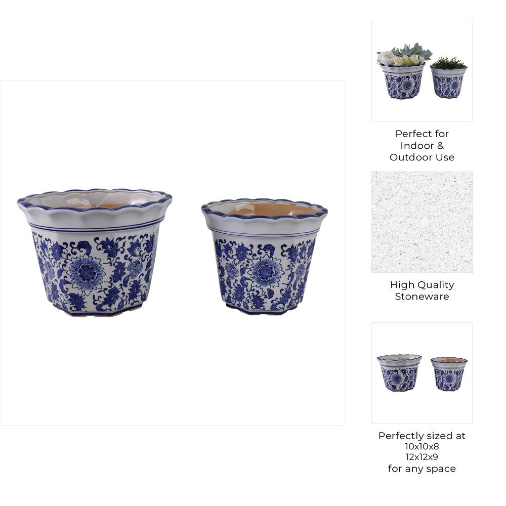 Traditional Decorative Planter Pot Set of 2 | Blue White Chinoiserie Design