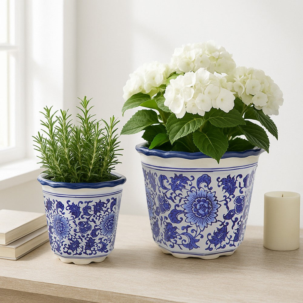 Classic Ceramic Pot Planters Set of 2 | Scalloped Rim Design | Blue & White