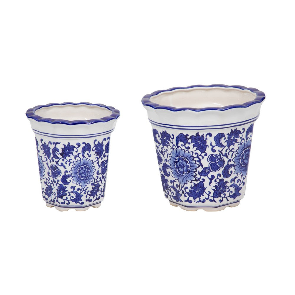 Classic Ceramic Pot Planters Set of 2 | Scalloped Rim Design | Blue & White
