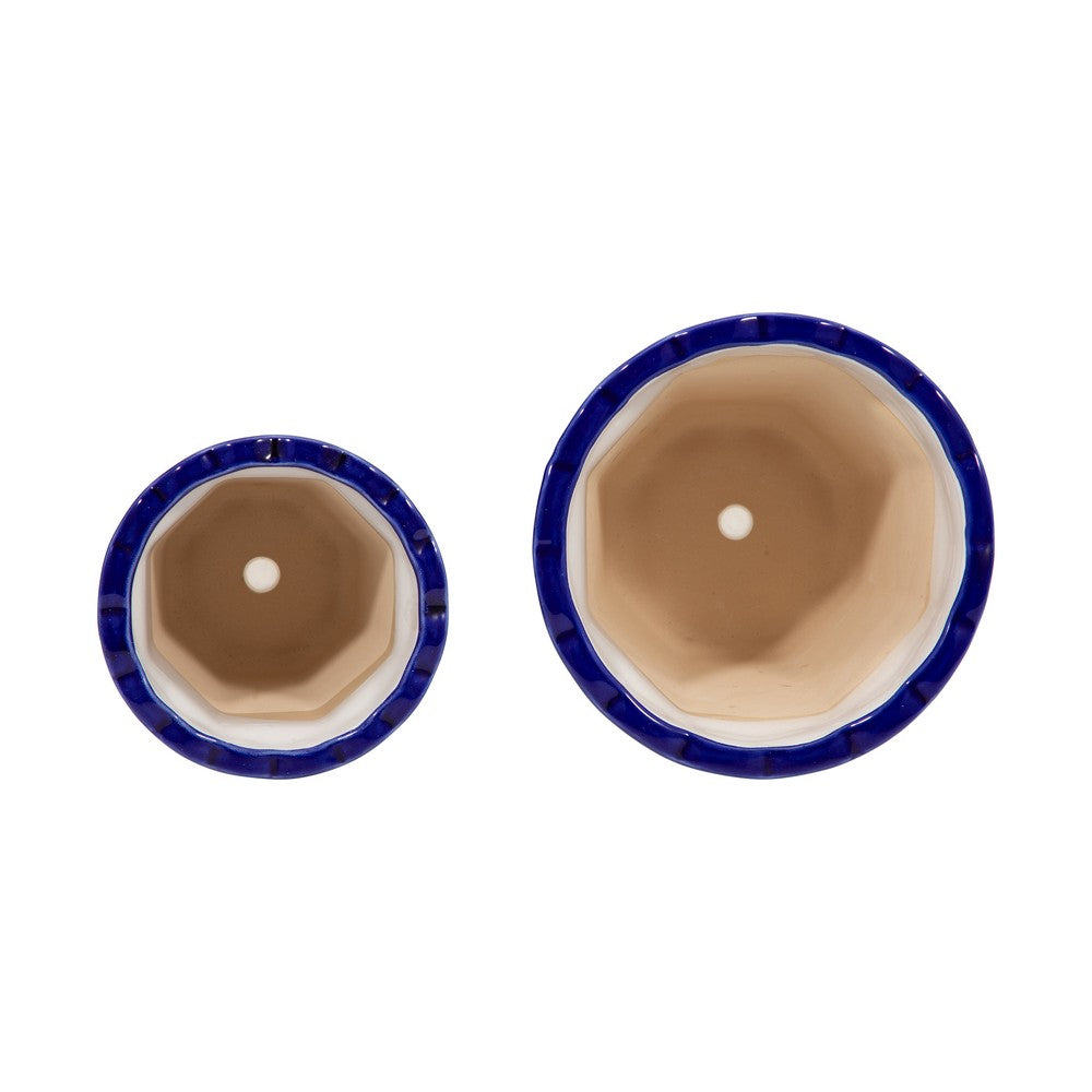Classic Ceramic Pot Planters Set of 2 | Scalloped Rim Design | Blue & White