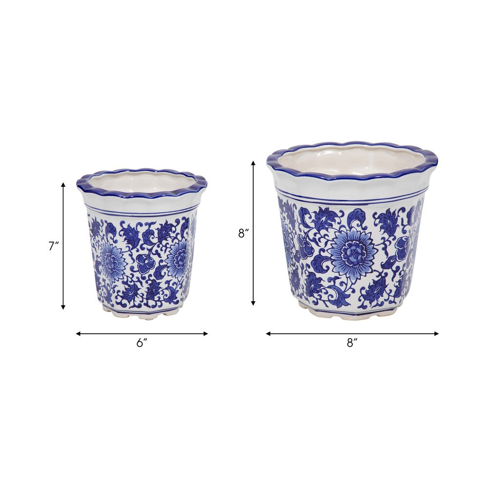 Classic Ceramic Pot Planters Set of 2 | Scalloped Rim Design | Blue & White