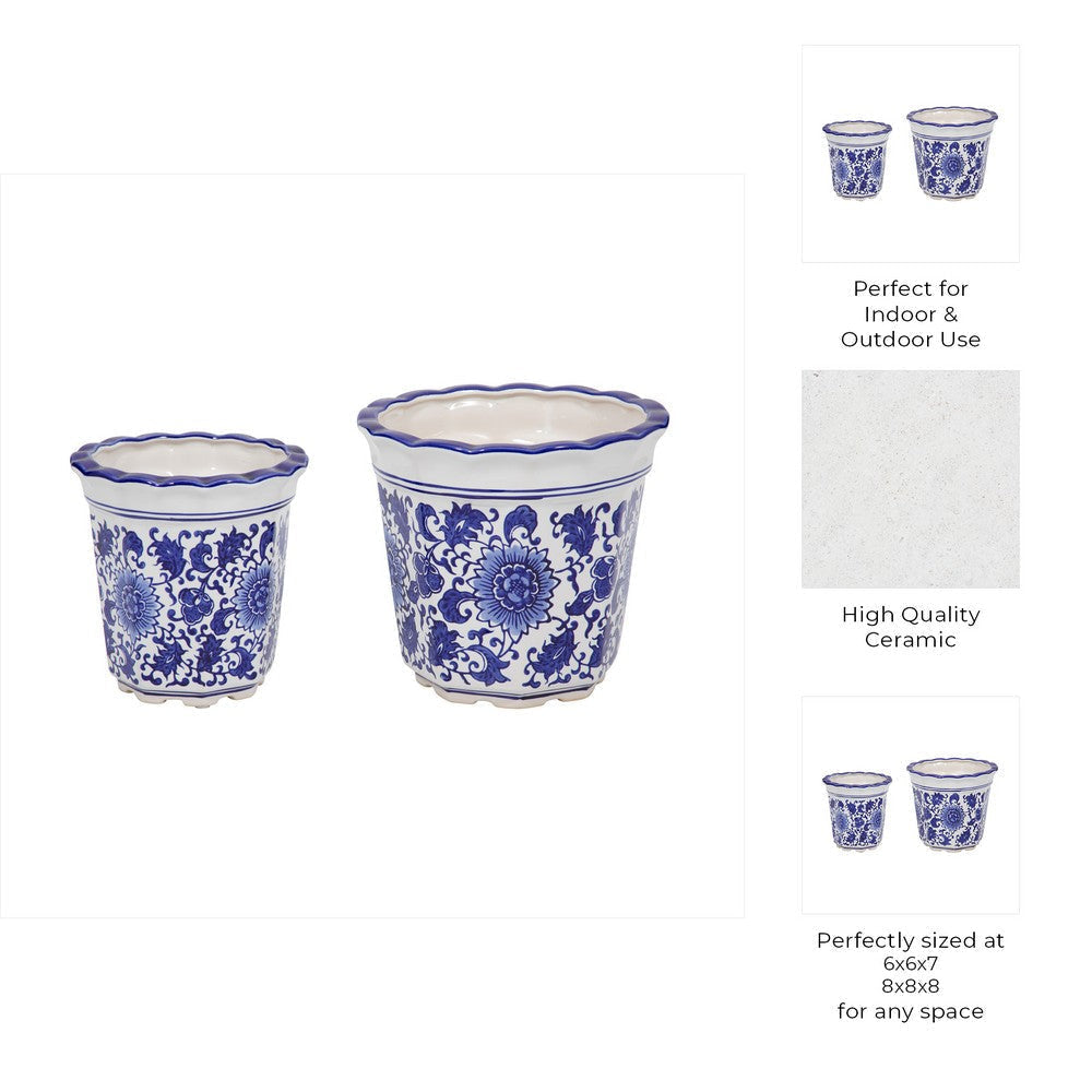 Classic Ceramic Pot Planters Set of 2 | Scalloped Rim Design | Blue & White
