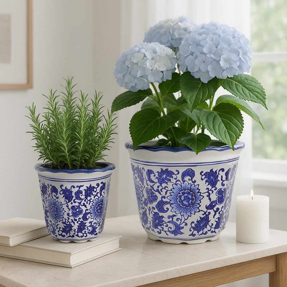 Classic Ceramic Pot Planters Set of 2 | Scalloped Rim Design | Blue & White