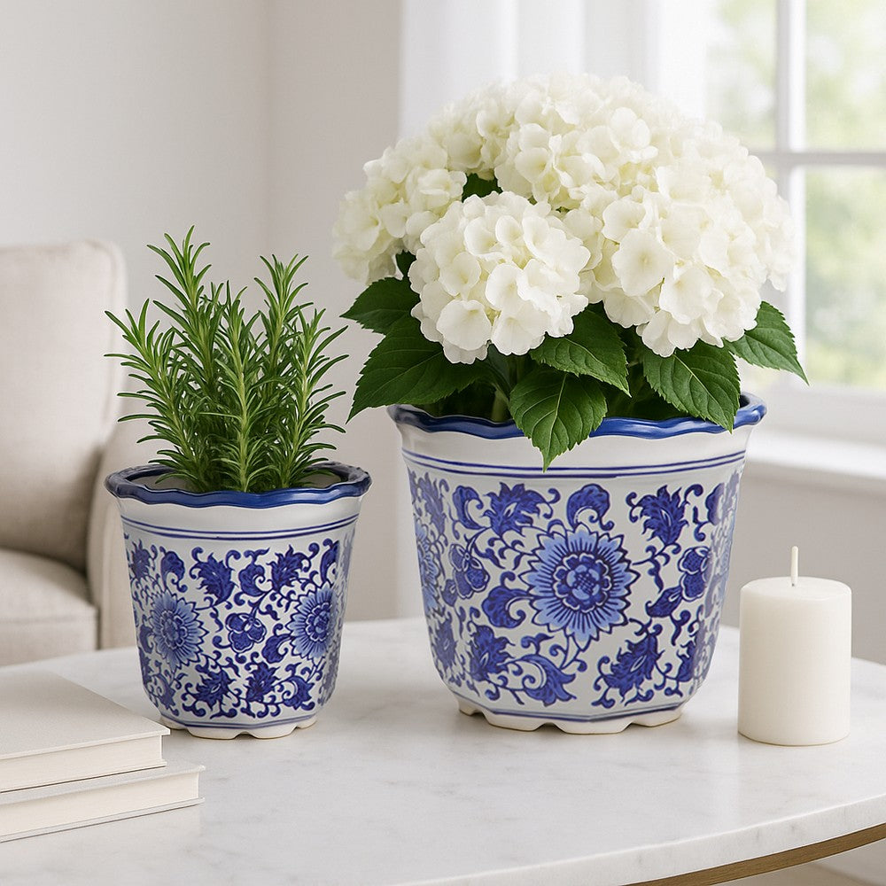 Classic Ceramic Pot Planters Set of 2 | Scalloped Rim Design | Blue & White