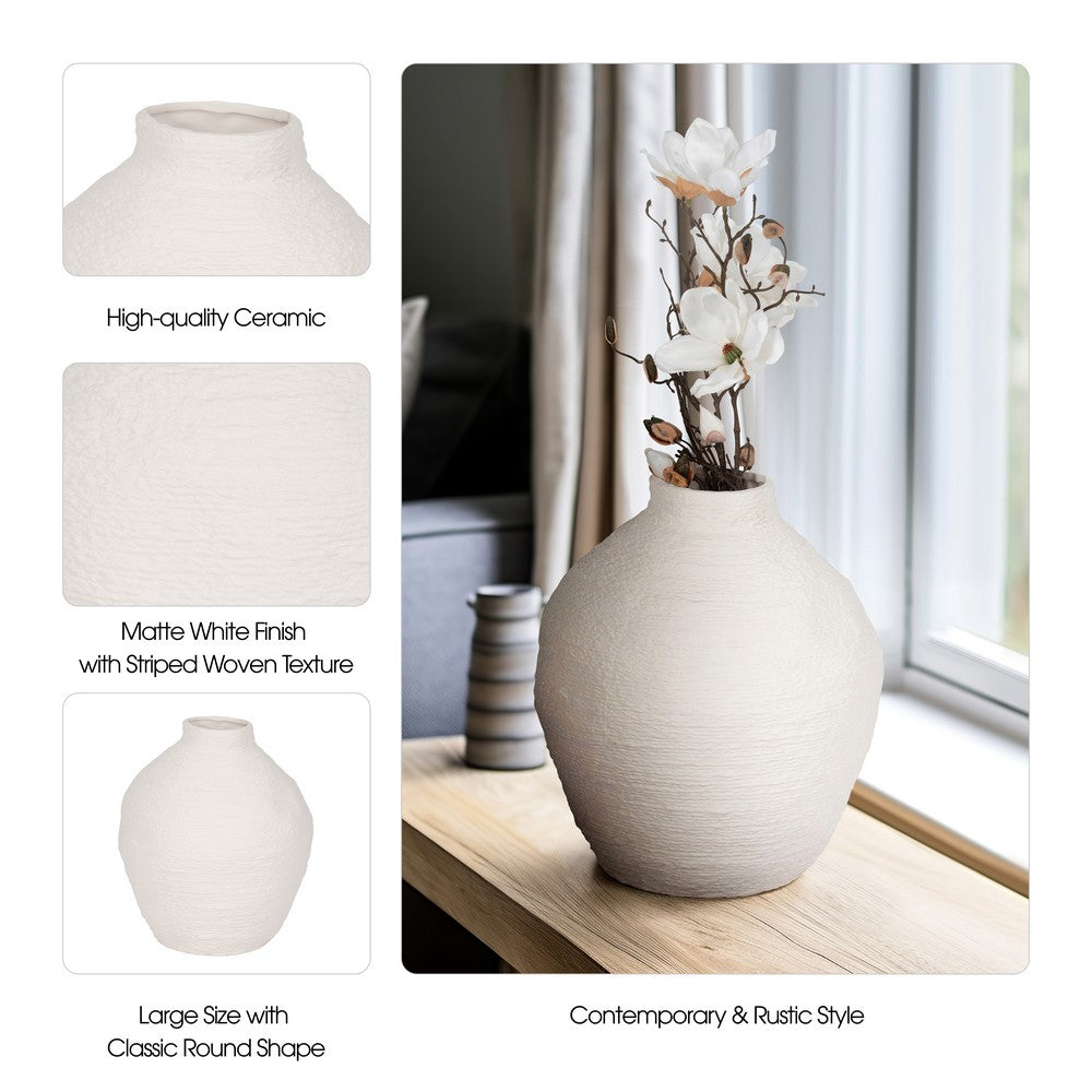 Decorative Flower Vase | Woven Textured Design | 12" White Ceramic