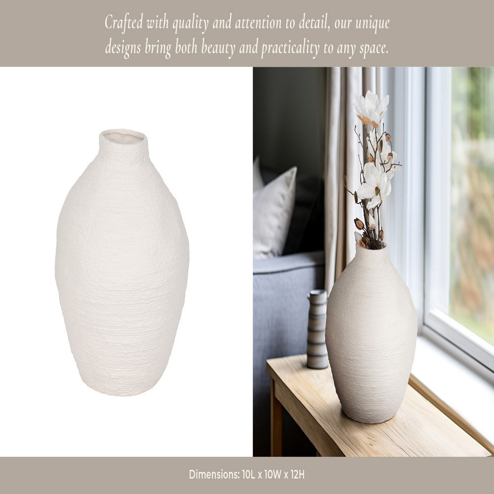 Decorative Flower Vase | Woven Textured Design | 12" White Ceramic