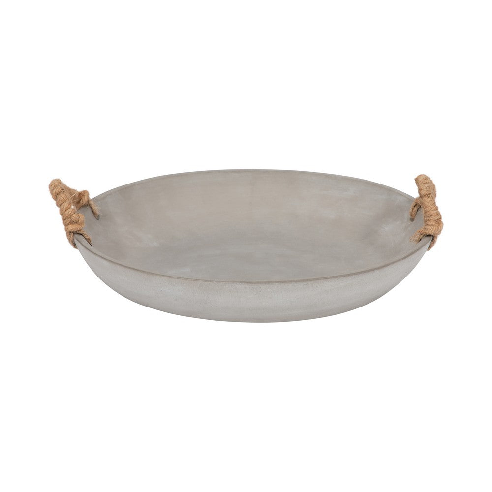 Decorative Oval Bowl | Rope Woven Handles | Coastal Style Gray Cement 16"