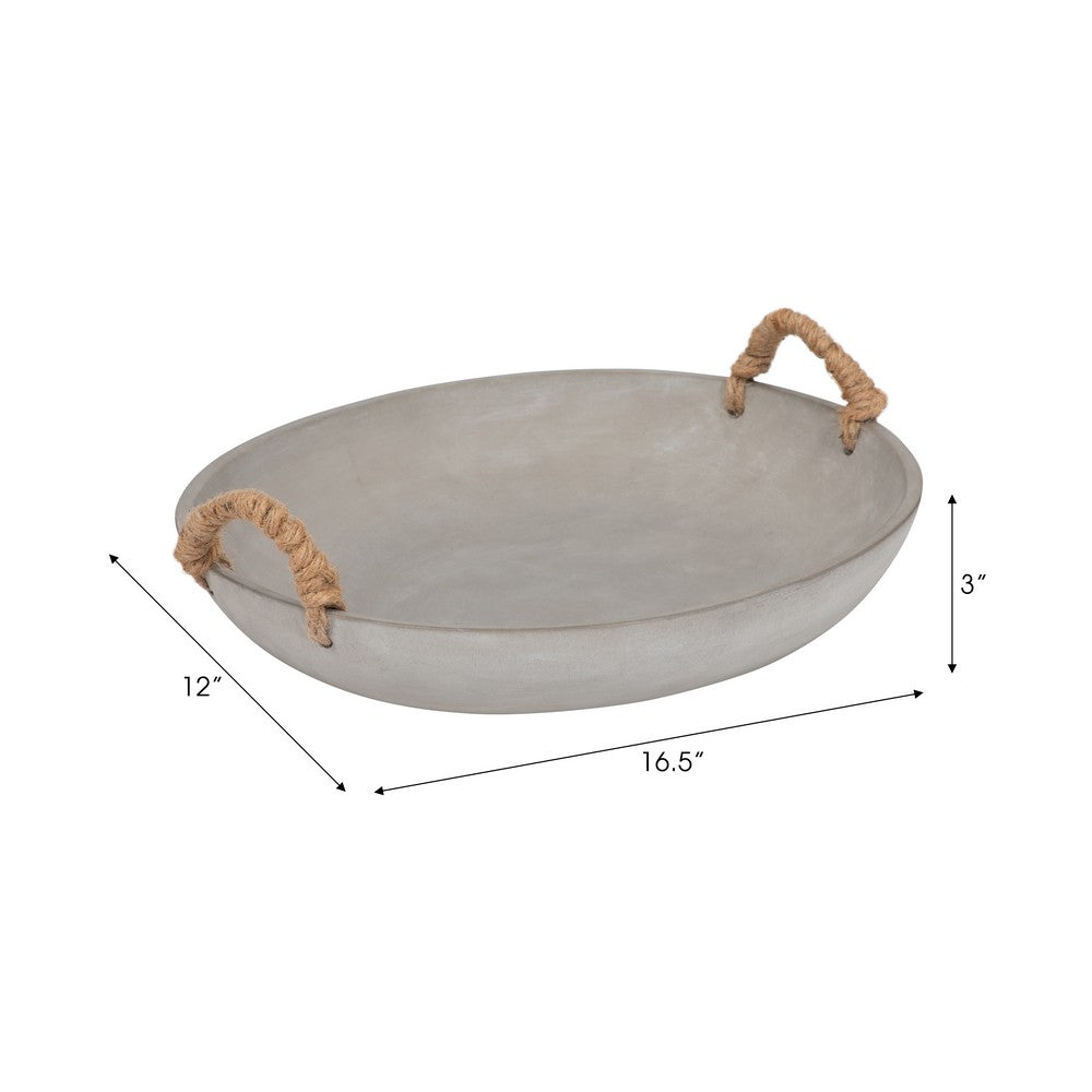 Decorative Oval Bowl | Rope Woven Handles | Coastal Style Gray Cement 16"