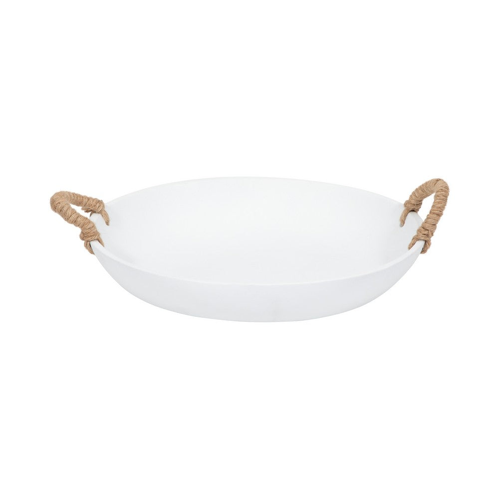 Round Decor Bowl | 17" White Cement with 2 Brown Woven Rope Handles