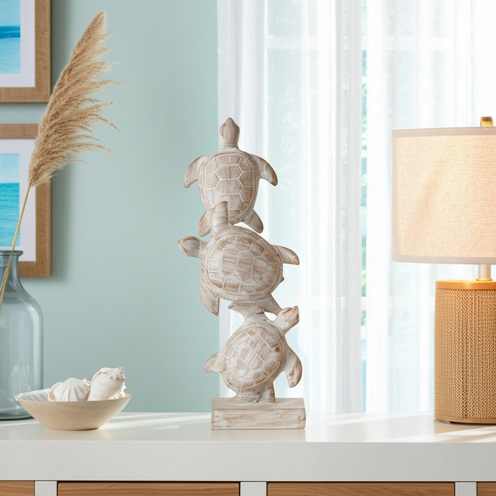 Stacked Turtle Home Decor Figurine | 16" | Distressed White Resin